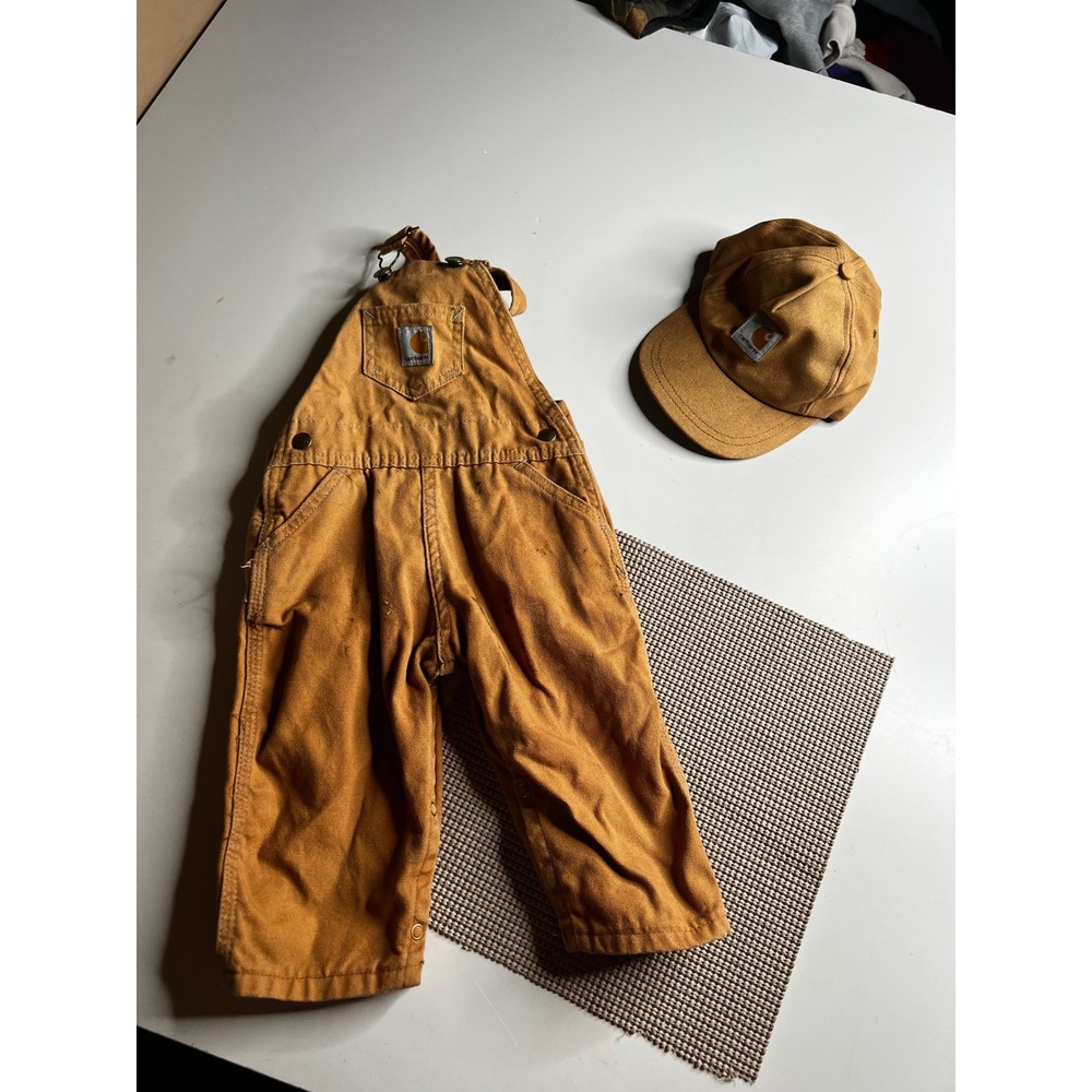 Vintage Carhartt Kids Brown Duck Canvas Overalls 24 Months Matching Hat USA Made